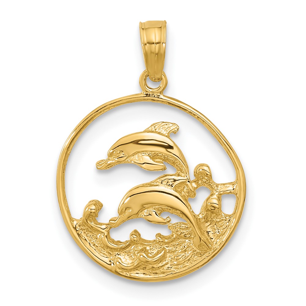 14k Yellow Gold Double Small Dolphin Nautical Circle Necklace Charm Pendant